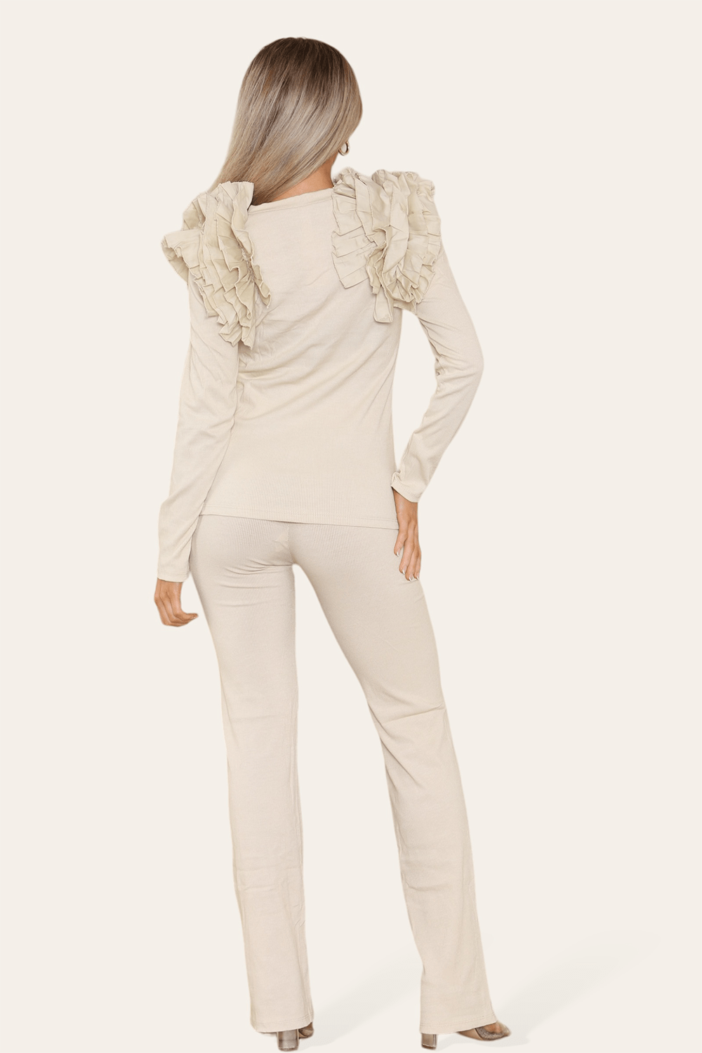 Ruffle Frill Shoulder Ribbed Loungewear CoOrd Top & Trouser Set - Multi Trends