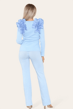 Ruffle Frill Shoulder Ribbed Loungewear CoOrd Top & Trouser Set - Multi Trends