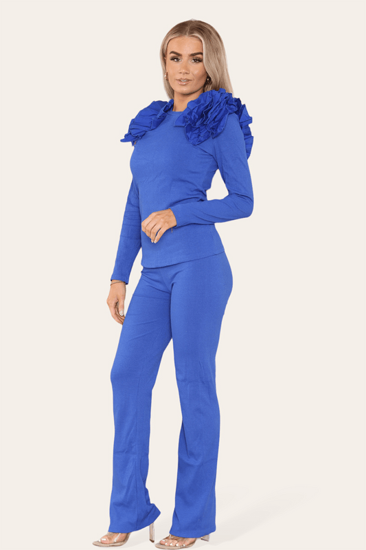 Ruffle Frill Shoulder Ribbed Loungewear CoOrd Top & Trouser Set - Multi Trends
