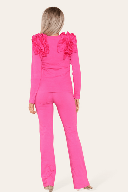 Ruffle Frill Shoulder Ribbed Loungewear CoOrd Top & Trouser Set - Multi Trends