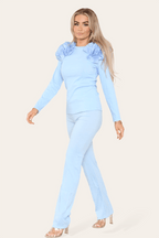 Ruffle Frill Shoulder Ribbed Loungewear CoOrd Top & Trouser Set - Multi Trends