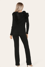 Ruffle Frill Shoulder Ribbed Loungewear CoOrd Top & Trouser Set - Multi Trends