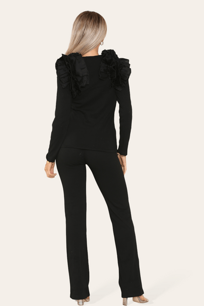 Ruffle Frill Shoulder Ribbed Loungewear CoOrd Top & Trouser Set - Multi Trends