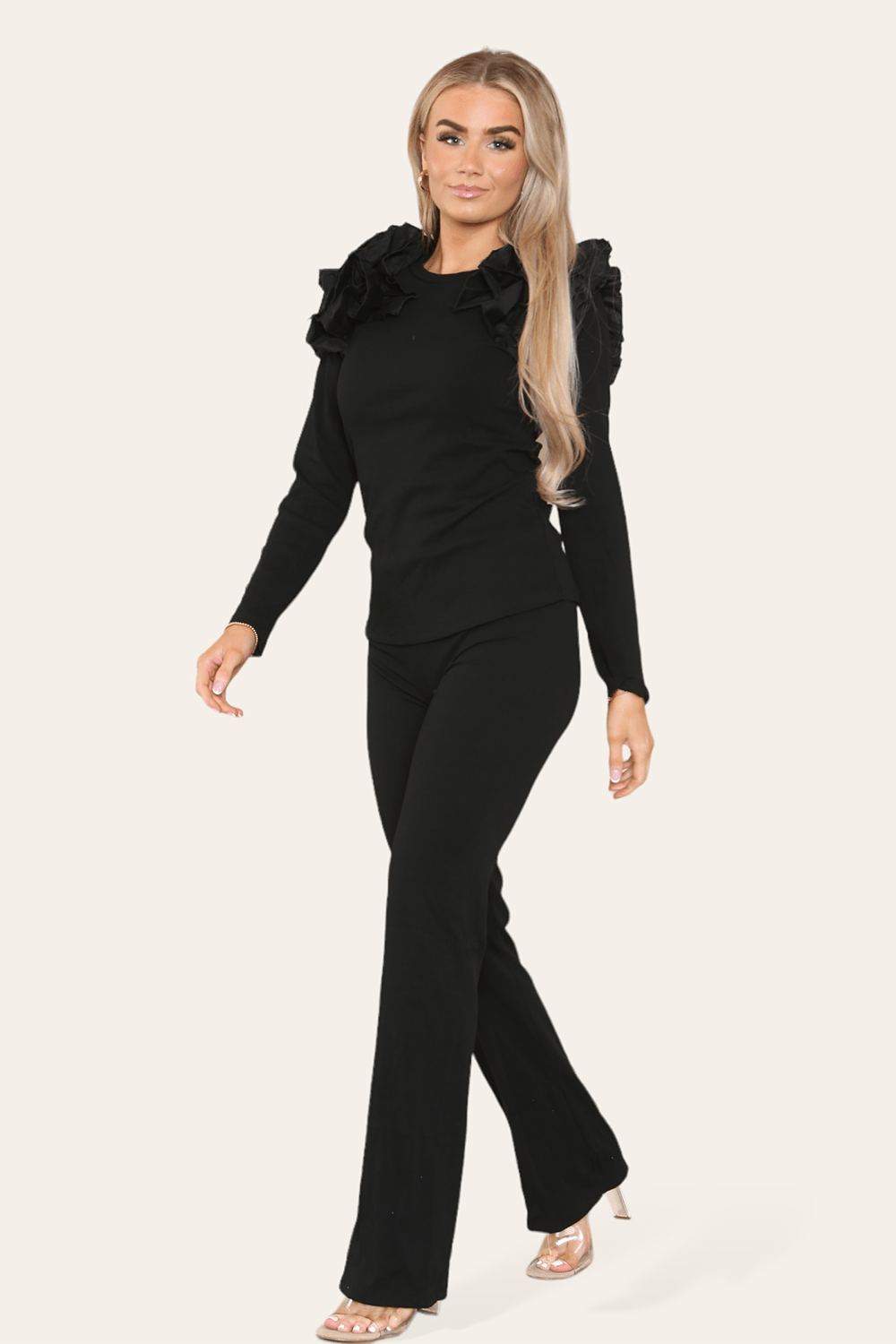 Ruffle Frill Shoulder Ribbed Loungewear CoOrd Top & Trouser Set - Multi Trends