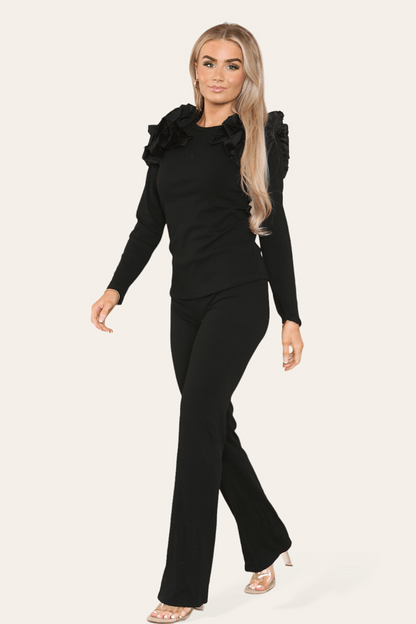 Ruffle Frill Shoulder Ribbed Loungewear CoOrd Top & Trouser Set - Multi Trends