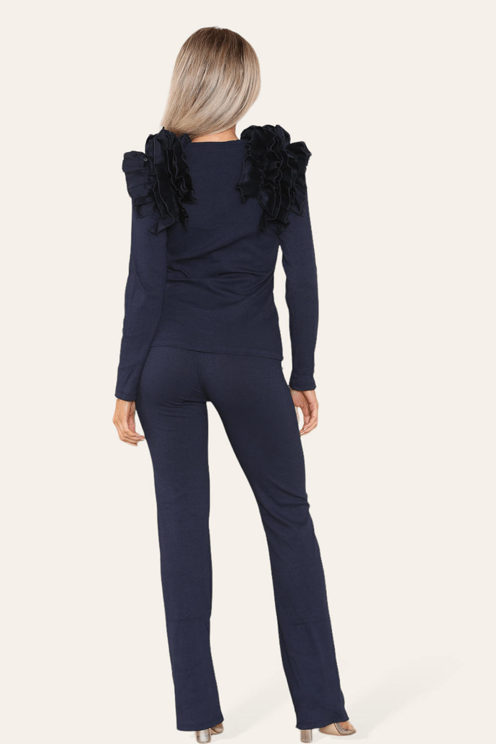 Ruffle Frill Shoulder Ribbed Loungewear CoOrd Top & Trouser Set - Multi Trends