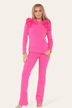 Ruffle Frill Shoulder Ribbed Loungewear CoOrd Top & Trouser Set - Multi Trends