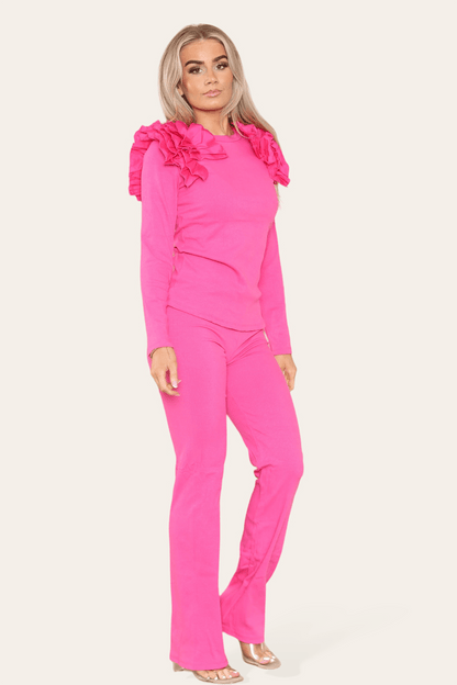 Ruffle Frill Shoulder Ribbed Loungewear CoOrd Top & Trouser Set - Multi Trends