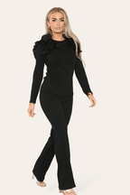 Ruffle Frill Shoulder Ribbed Loungewear CoOrd Top & Trouser Set - Multi Trends