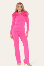 Ruffle Frill Shoulder Ribbed Loungewear CoOrd Top & Trouser Set - Multi Trends