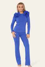 Ruffle Frill Shoulder Ribbed Loungewear CoOrd Top & Trouser Set - Multi Trends