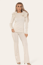 Ruffle Frill Shoulder Ribbed Loungewear CoOrd Top & Trouser Set - Multi Trends