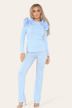 Ruffle Frill Shoulder Ribbed Loungewear CoOrd Top & Trouser Set - Multi Trends