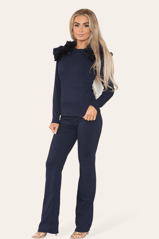 Ruffle Frill Shoulder Ribbed Loungewear CoOrd Top & Trouser Set - Multi Trends