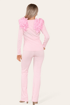Ruffle Frill Shoulder Ribbed Loungewear CoOrd Top & Trouser Set - Multi Trends