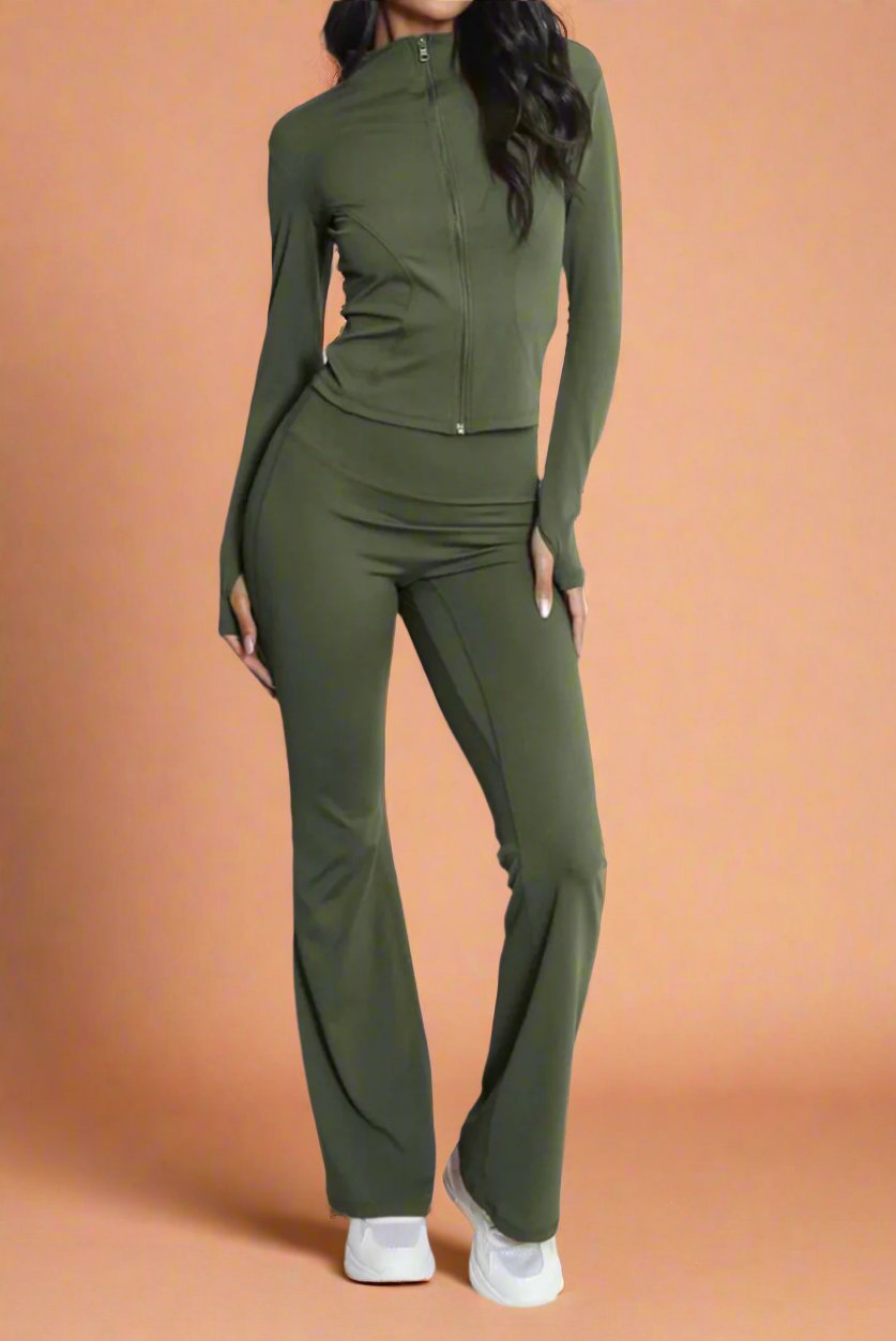 Super Active Zip Top and Push Up Flared Trousers Ruched Bum Gym Set - MultiTrends Limited