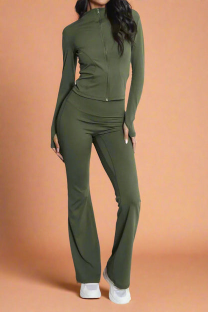 Super Active Zip Top and Push Up Flared Trousers Ruched Bum Gym Set - MultiTrends Limited