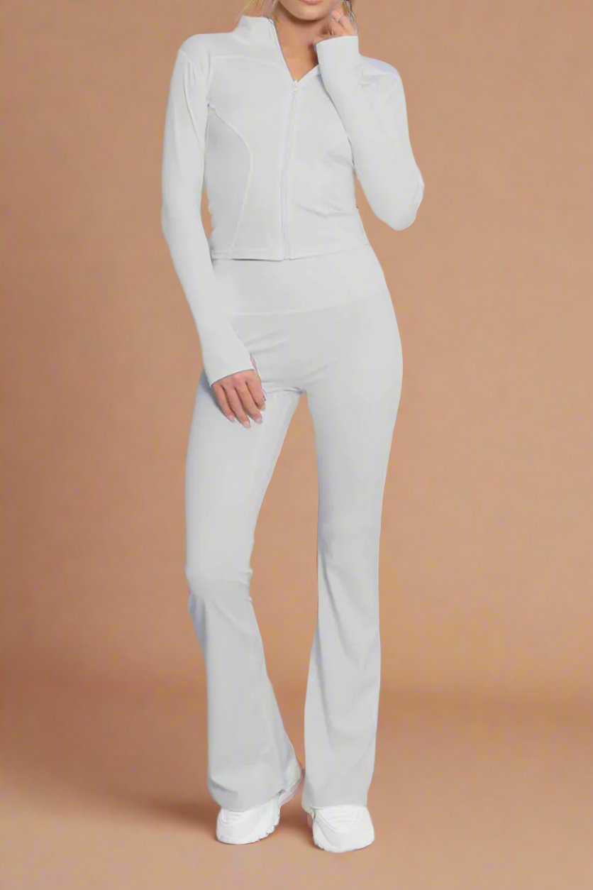 Super Active Zip Top and Push Up Flared Trousers Ruched Bum Gym Set - MultiTrends Limited