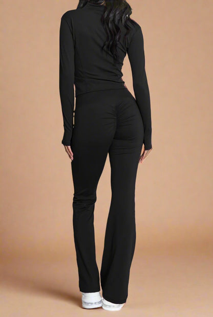 Super Active Zip Top and Push Up Flared Trousers Ruched Bum Gym Set - MultiTrends Limited