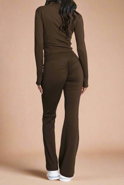 Super Active Zip Top and Push Up Flared Trousers Ruched Bum Gym Set - MultiTrends Limited