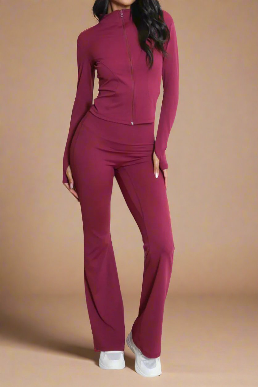 Super Active Zip Top and Push Up Flared Trousers Ruched Bum Gym Set - MultiTrends Limited