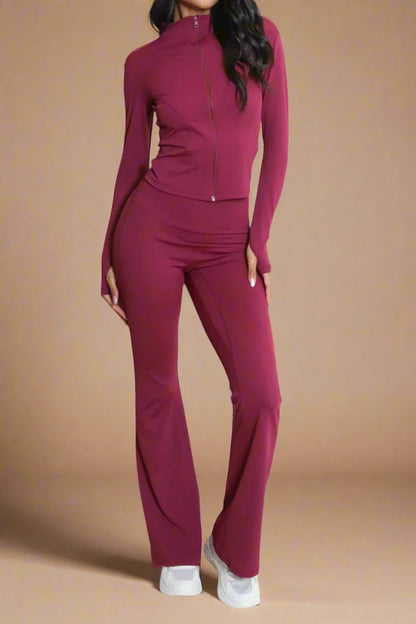 Super Active Zip Top and Push Up Flared Trousers Ruched Bum Gym Set - MultiTrends Limited