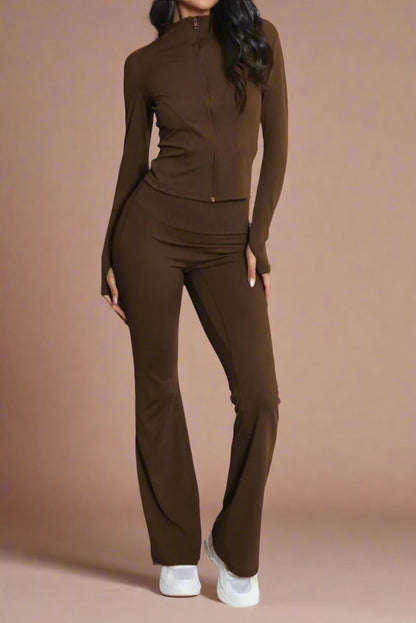 Super Active Zip Top and Push Up Flared Trousers Ruched Bum Gym Set - MultiTrends Limited