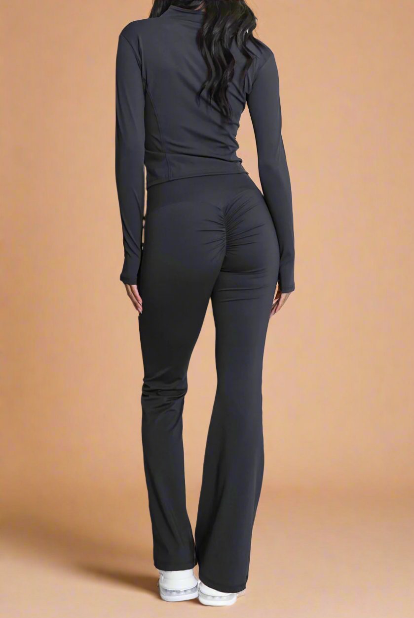 Super Active Zip Top and Push Up Flared Trousers Ruched Bum Gym Set - MultiTrends Limited