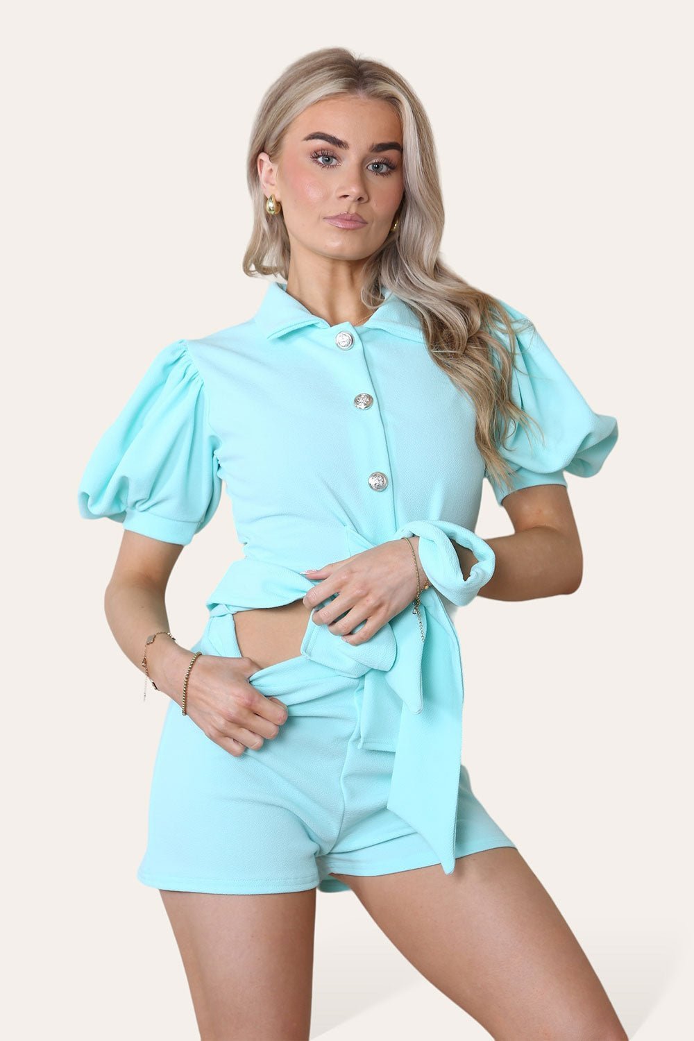 Tie Belt Button Shorts Set - MultiTrends Limited