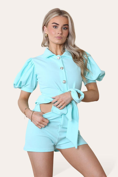 Tie Belt Button Shorts Set - MultiTrends Limited