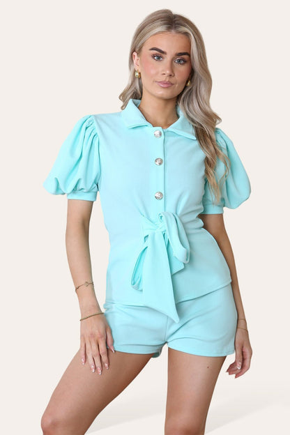 Tie Belt Button Shorts Set - MultiTrends Limited
