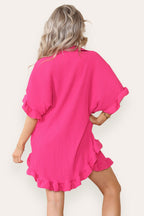 Women’s Casual Oversized Gold Button Pleated Frilled Ruffle Short Sleeves Shirt Top and Short Co-Ord Set - Multi Trends