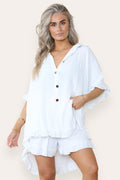 Women’s Casual Oversized Gold Button Pleated Frilled Ruffle Short Sleeves Shirt Top and Short Co-Ord Set - Multi Trends