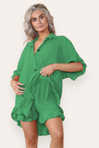 Women’s Casual Oversized Gold Button Pleated Frilled Ruffle Short Sleeves Shirt Top and Short Co-Ord Set - Multi Trends