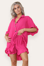 Women’s Casual Oversized Gold Button Pleated Frilled Ruffle Short Sleeves Shirt Top and Short Co-Ord Set - Multi Trends