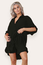 Women’s Casual Oversized Gold Button Pleated Frilled Ruffle Short Sleeves Shirt Top and Short Co-Ord Set - Multi Trends