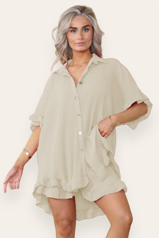 Women’s Casual Oversized Gold Button Pleated Frilled Ruffle Short Sleeves Shirt Top and Short Co-Ord Set - Multi Trends