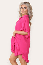 Women’s Casual Oversized Gold Button Pleated Frilled Ruffle Short Sleeves Shirt Top and Short Co-Ord Set - Multi Trends