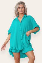Women’s Casual Oversized Gold Button Pleated Frilled Ruffle Short Sleeves Shirt Top and Short Co-Ord Set - Multi Trends