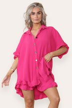 Women’s Casual Oversized Gold Button Pleated Frilled Ruffle Short Sleeves Shirt Top and Short Co-Ord Set - Multi Trends