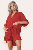 Women’s Casual Oversized Gold Button Pleated Frilled Ruffle Short Sleeves Shirt Top and Short Co-Ord Set - Multi Trends
