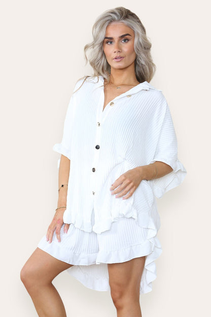 Women’s Casual Oversized Gold Button Pleated Frilled Ruffle Short Sleeves Shirt Top and Short Co-Ord Set - Multi Trends