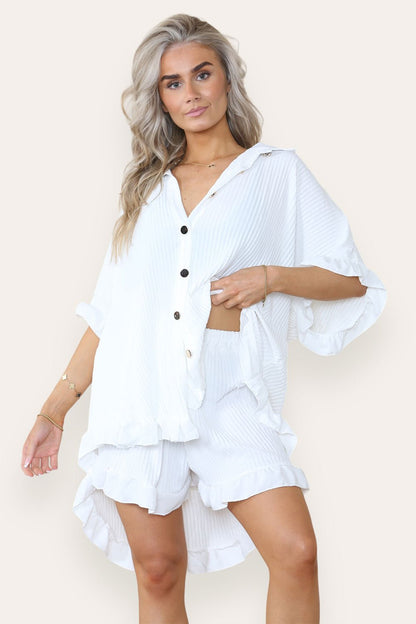 Women’s Casual Oversized Gold Button Pleated Frilled Ruffle Short Sleeves Shirt Top and Short Co-Ord Set - Multi Trends