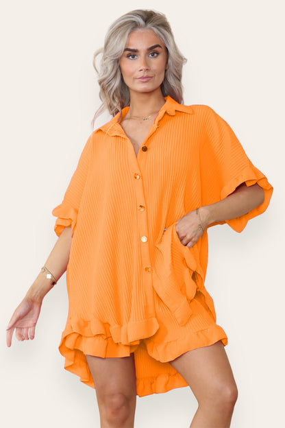 Women’s Casual Oversized Gold Button Pleated Frilled Ruffle Short Sleeves Shirt Top and Short Co-Ord Set - Multi Trends