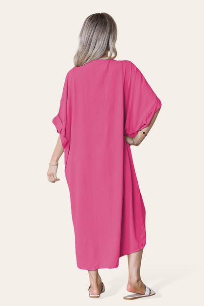 Womens V-Neck Tie Knotted Twisted Front Oversized Longline Midi Dress - MultiTrends Limited