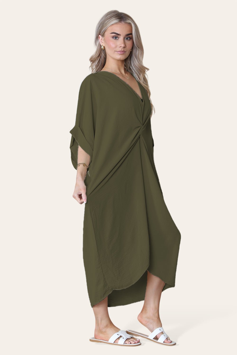 Womens V-Neck Tie Knotted Twisted Front Oversized Longline Midi Dress - MultiTrends Limited