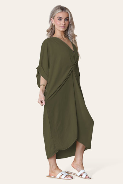 Womens V-Neck Tie Knotted Twisted Front Oversized Longline Midi Dress - MultiTrends Limited