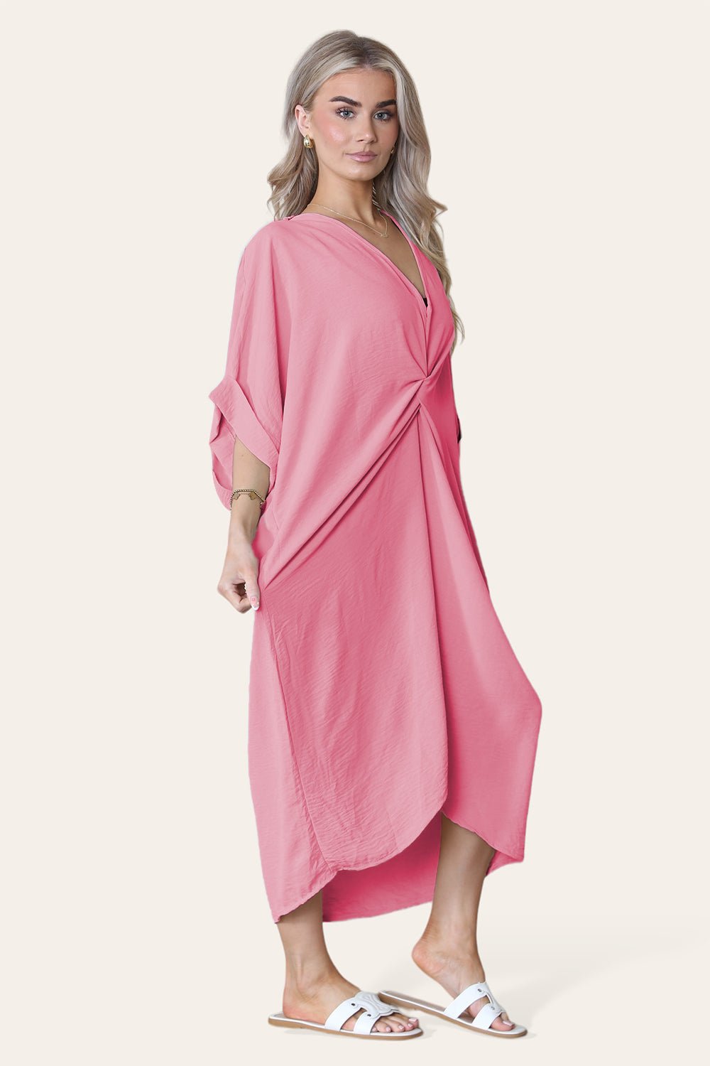Womens V-Neck Tie Knotted Twisted Front Oversized Longline Midi Dress - MultiTrends Limited