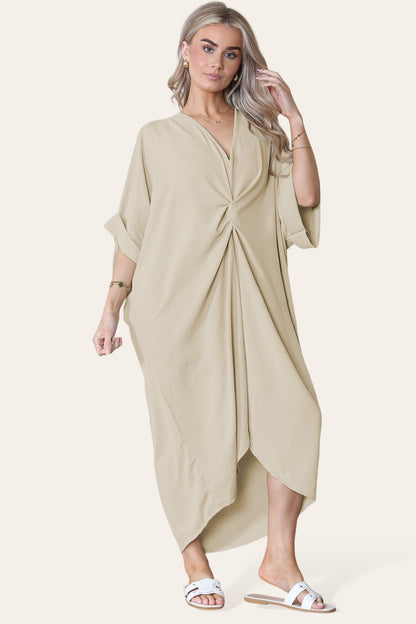 Womens V-Neck Tie Knotted Twisted Front Oversized Longline Midi Dress - MultiTrends Limited
