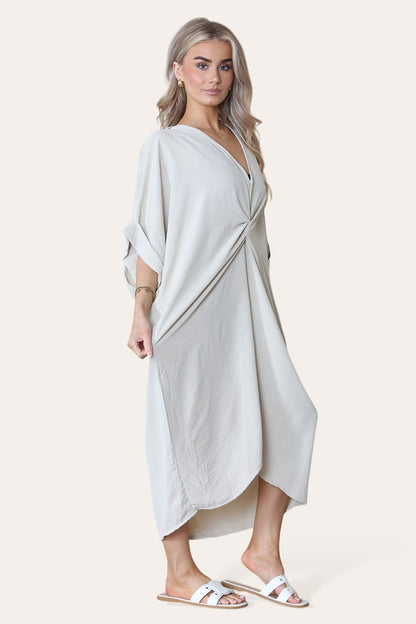 Womens V-Neck Tie Knotted Twisted Front Oversized Longline Midi Dress - MultiTrends Limited
